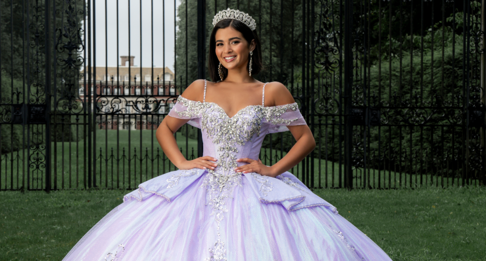 embroidered quinceanera dress Crystal Beaded Floral Embroidered Quinceañera Dress with Sheer Midriff main image 0